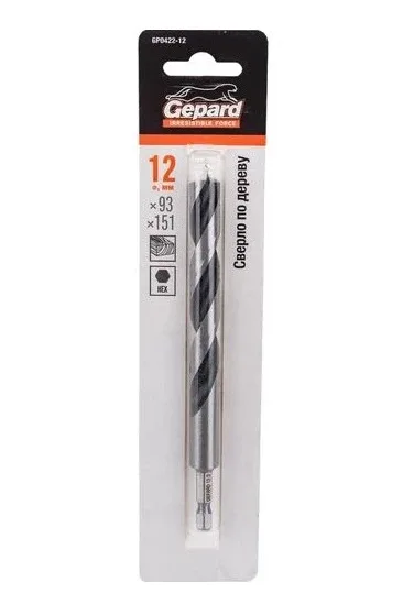 Сверло по дереву GEPARD 12×93×151 мм, шестигранный хвостовик